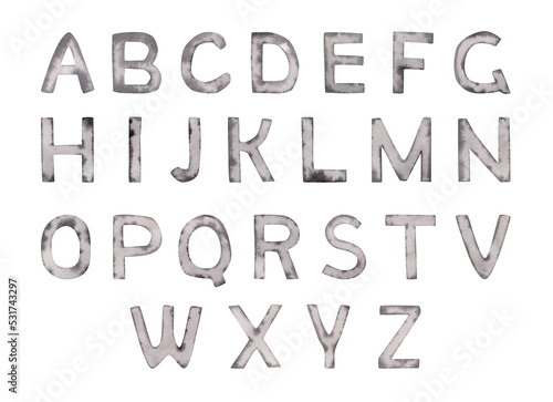 Watercolor english alphabet. Black and gray capital letters  ABC