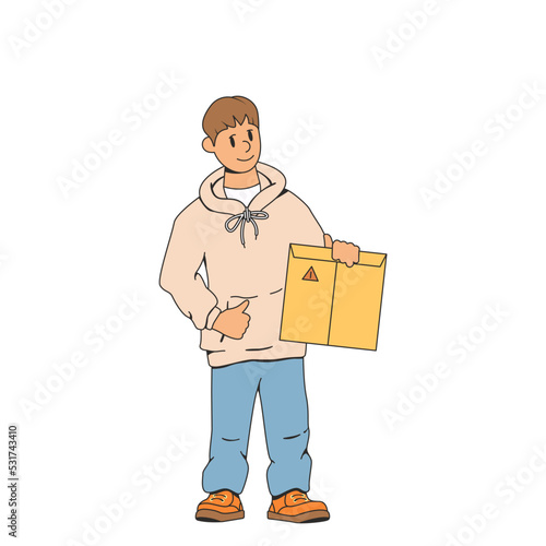 Young man, delivery man. Holds an envelope, a package in his hand. Smiling and pointing at the envelope. The concept of fast delivery of parcels to the house. Order delivery stock vector illustration.