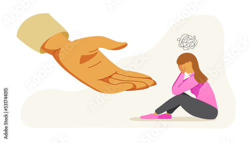 Human hand help sad young women in depression-mental health concept flat style, cartoon character vector 10 eps