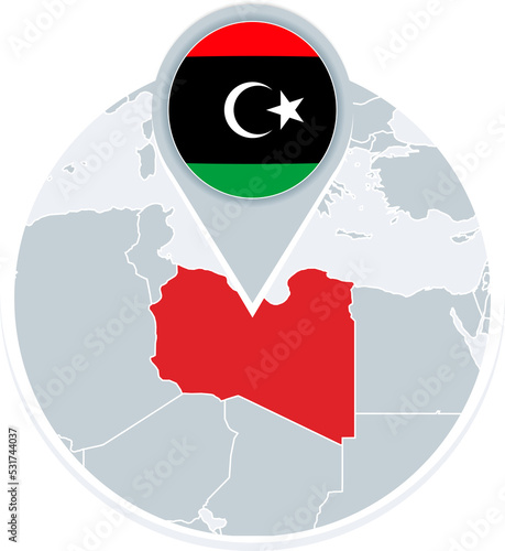 Libya map and flag, map icon with highlighted Libya photo