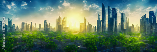 Green city of the future. Eco City of the future. Harmony of city and nature. Sunrise in the big city. Banner size © Roman Studio