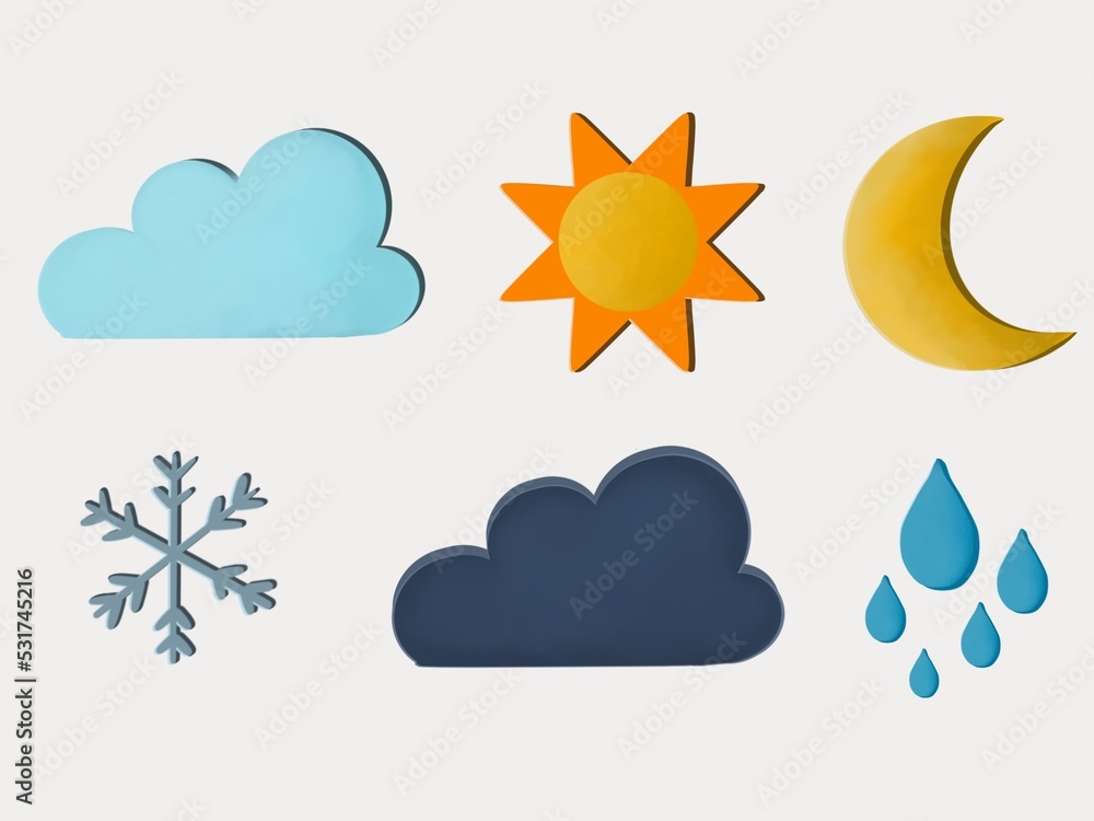 Collection of sunny cloud crescent snowflake and raindrops icons set. Colorful icon set. Weather icon set. Icon set paper cut. White background. Collection of sunny cloud crescent snowflake and raindrops icons set. Colorful icon set. Weather icon set. Icon set paper cut. White background.