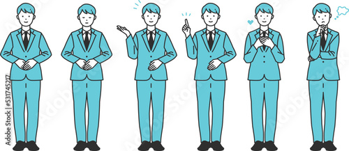 顧客の案内をする清潔感あるスーツ姿のビジネスパーソンのイラストセット