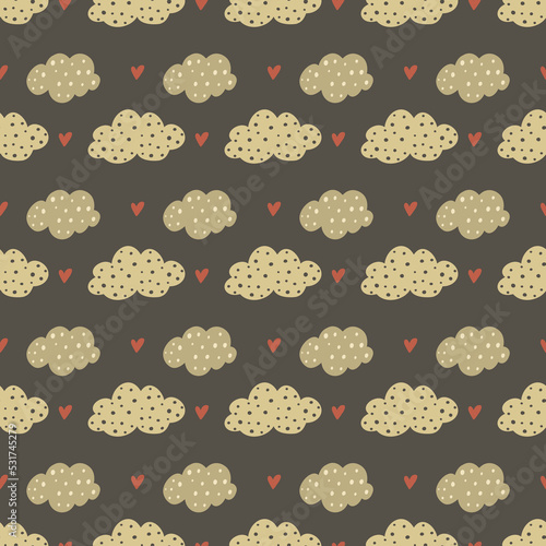 Seamless weather autumnal vector pattern with beige raining cartoon clouds on brown background for wrapping and gift paper or apparel
