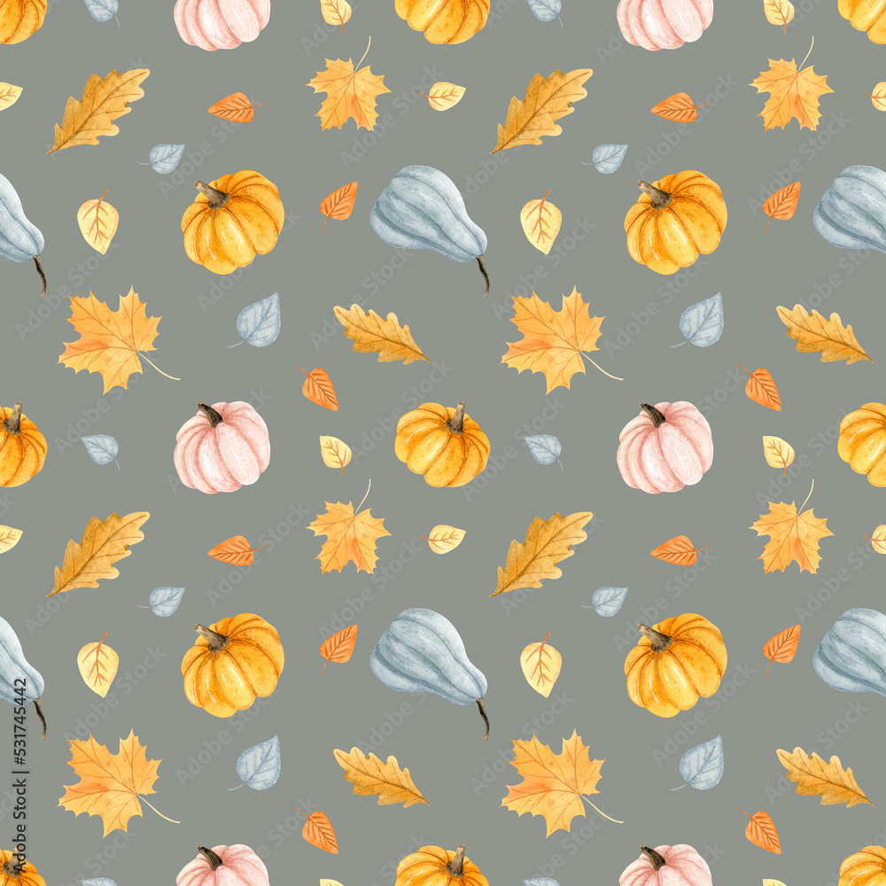 Watercolor seamless pattern with pumpkin,autumn flowers and leaves. Hello fall. Happy autumn Watercolor seamless pattern with pumpkin,autumn flowers and leaves. Hello fall. Happy autumn