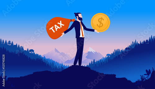 Businessman tax - Man standing with coin and business taxes on top outdoors. Vector illustration