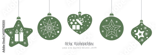Frohe Weihnachten - Karte mit grünen Christbaumkugeln und deutschem Text auf weißem Hintergrund