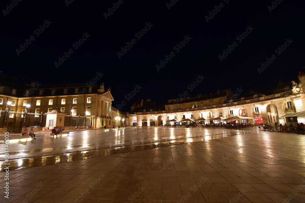 Burgundy, France. Night view of Libération Square in the city of Dijon. August 7, 2022.