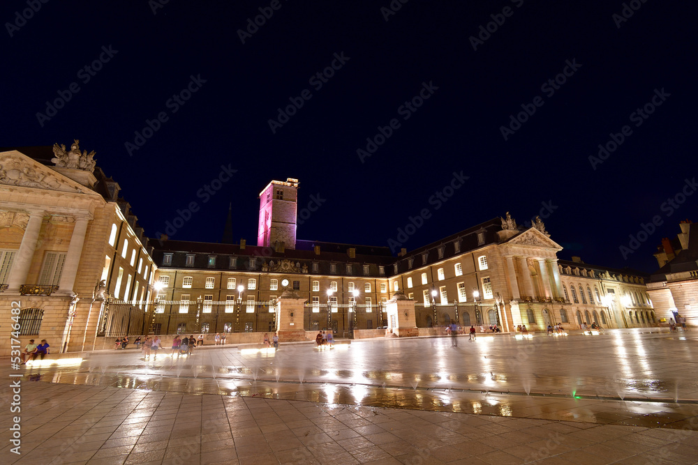 Burgundy, France. Night view of Libération Square in the city of Dijon. August 7, 2022.