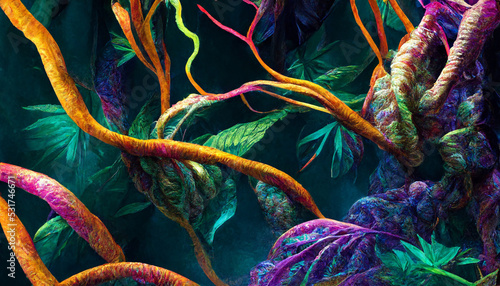 3d render of emitting a colorful jungle iridescent light background