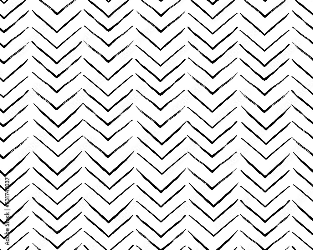 Hand crafted Black and white ethnic, geometric seamless pattern. Vector scandinavian background with brush ink zigzag. Simple pattern. Perfect for fabric, wrapping paper, textile, home decor - obrazy, fototapety, plakaty 