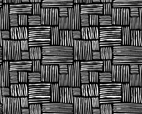 Hand crafted Black and white ethnic, geometric seamless pattern. Vector scandinavian background with brush ink strokes. Simple pattern. Perfect for fabric, wrapping paper, textile, home decor
