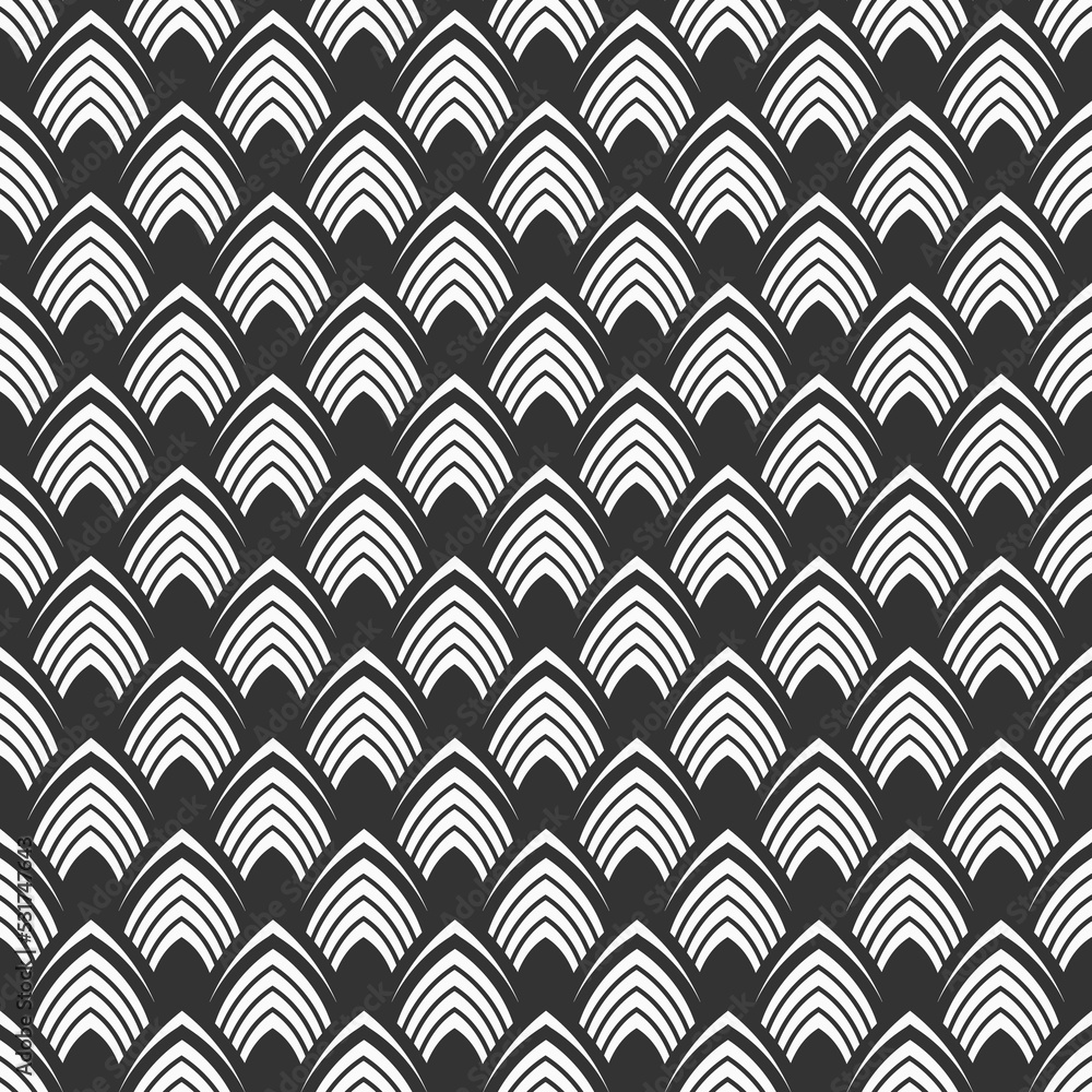 Fish, dragon, snake scales seamless vector pattern. Repeated black curves, isolated on white background. Regular ornament. Black and white vector pattern. Fish, dragon, snake scales seamless vector pattern. Repeated black curves, isolated on white background. Regular ornament. Black and white vector pattern.