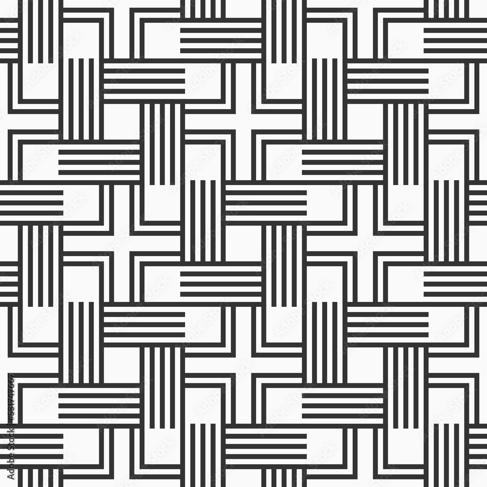Seamless vector pattern. Black striped cross striped pattern, isolated on white background. Geometric wallpaper. Trellis motif. Black and white vector lines background. Seamless vector pattern. Black striped cross striped pattern, isolated on white background. Geometric wallpaper. Trellis motif. Black and white vector lines background.