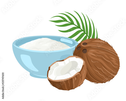 Vector coconut flour in bowl. Cartoon simple healthy food illustration.