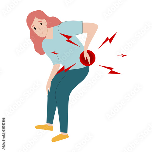 Woman has low back pain and sciatica from a herniated disc. Medical diagrams about trapped nerves make patients chronic pain in the back and paralysis. Vector illustration.