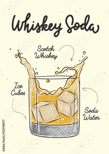 Vector engraved style Whiskey Soda cocktail with ice cubes and splashes illustration for posters, decoration, menu and print. Hand drawn sketch with lettering and recipe, beverage ingredients.