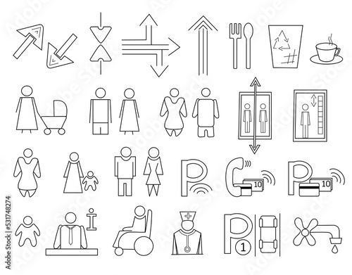 Set of vector line icons ready to use in a wayfinding system.