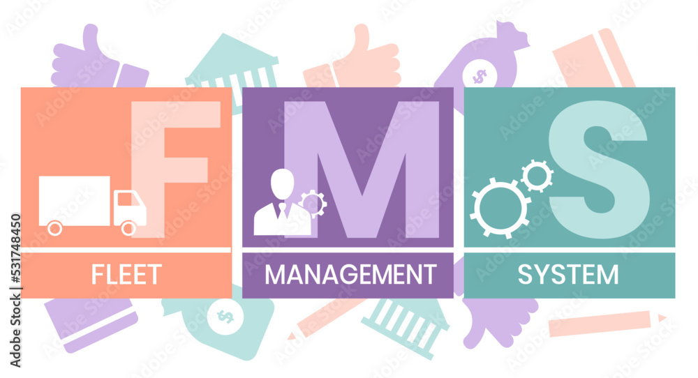 FMS - Fleet Management System acronym. business concept background. Vector illustration with keywords and icons. Lettering illustration with icons for web banner, flyer, landing