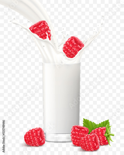 Raspberry falling in a glass of milk or yogurt. Sweet milk splashes. Fruit milkshake advertising banner, yogurt jet, flying drops, white drink in glass cup, Realistic 3d vector illustration, isolated