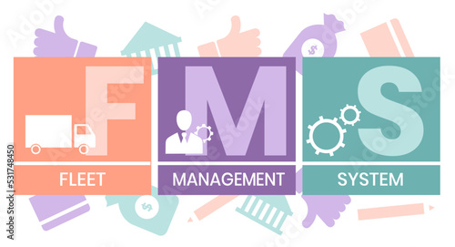 FMS - Fleet Management System acronym. business concept background. Vector illustration with keywords and icons. Lettering illustration with icons for web banner, flyer, landing
