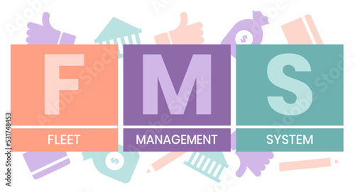 FMS - Fleet Management System acronym. business concept background. Vector illustration with keywords and icons. Lettering illustration with icons for web banner, flyer, landing