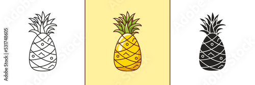 Cartoon pineapple in doodle style in three variations. Outline, colorful and glyph vector flat illustrationon