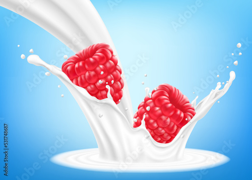 Fresh raspberry in a splash of milk or yogurt. Fresh berry falls into the milk. 3d realistic vector illustration, isolated on blue background. Sweet food. Organic fruit.