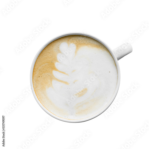 Top view. coffee latte art on a cup isolated white background.