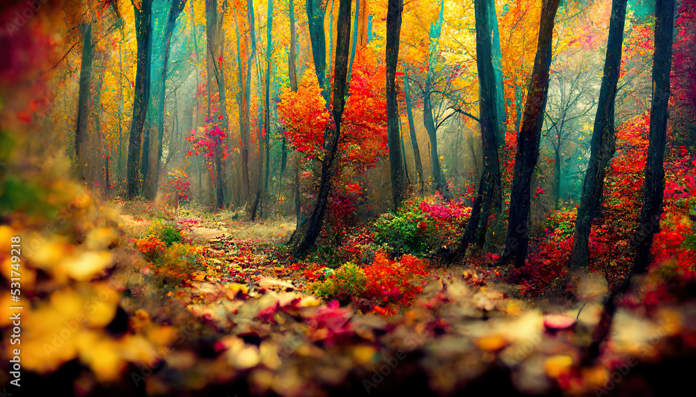 Low angle view of beautiful, colorful fall forest foliage, short depth of field