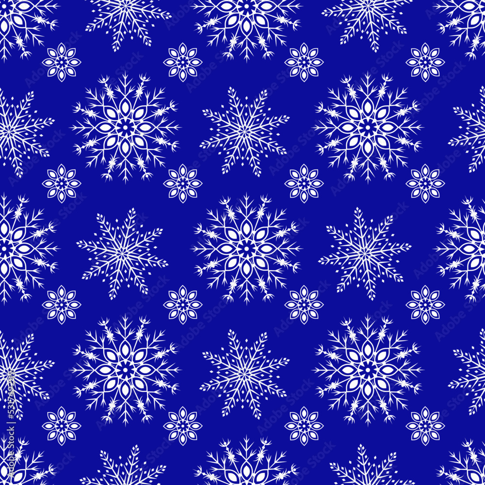 Vector pattern with snowflakes on a blue background. Seamless pattern for New Year and Christmas. Suitable for background and wrapping paper, fabric in winter version. Vintage decorative elements. Vector pattern with snowflakes on a blue background. Seamless pattern for New Year and Christmas. Suitable for background and wrapping paper, fabric in winter version. Vintage decorative elements.