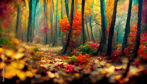 Low angle view of beautiful, colorful fall forest foliage, short depth of field