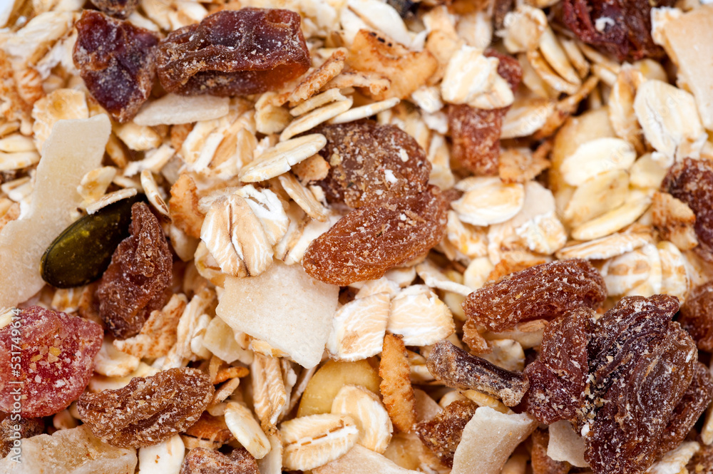 Muesli from oatmeal fruits and nuts, healthy diet food.