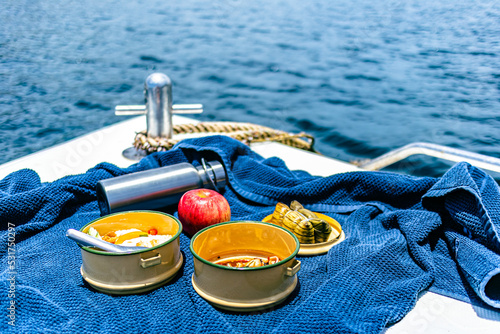 Asian tropical picnic style on speed boat in concept of holiday and ocean. © Sevendeman