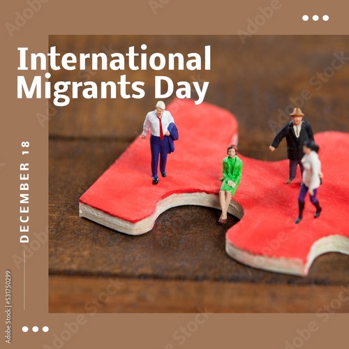 Composition of international migrants day text over people figurines on red puzzle piece
