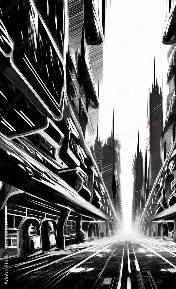 futuristic city, black and white ink sketch, concept illustration