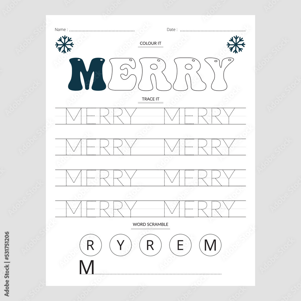Christmas and new year preschool merry tracing worksheet. Stock Vector