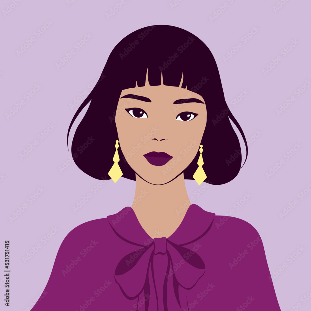 Portrait of the beautiful azian woman. The face of a girl. Female avatar. Flat vector illustration. Portrait of the beautiful azian woman. The face of a girl. Female avatar. Flat vector illustration.