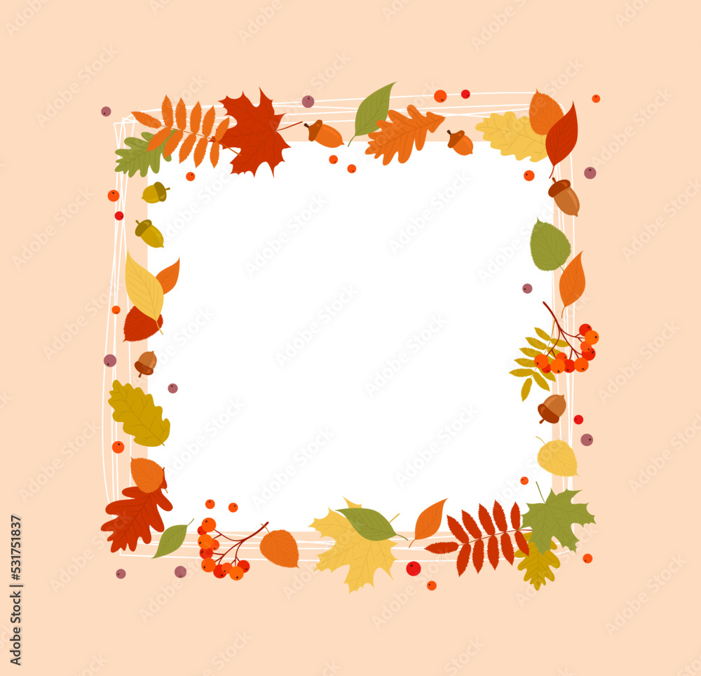 Rectangular autumn frame with colorful leaves, berries and acorns. Flat vector illustration Rectangular autumn frame with colorful leaves, berries and acorns. Flat vector illustration