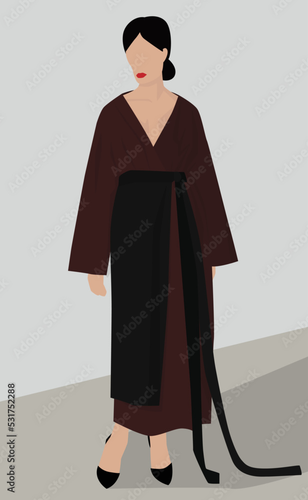 Vector flat image of a girl with dark hair in a long dress. Lady in a long dark dress. Girl in autumn-spring dress. Design for postcards, avatars, posters, backgrounds, templates. Vector flat image of a girl with dark hair in a long dress. Lady in a long dark dress. Girl in autumn-spring dress. Design for postcards, avatars, posters, backgrounds, templates.
