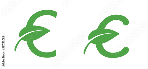 Euro money symbo with leaf bean. Vector business cash orsave currency bank sign or icon. Concept of investment, European market. Cartoon euro currency, environment green bio, eco concept