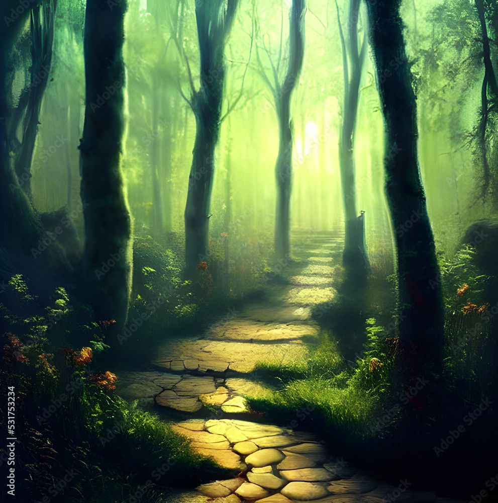 Fototapeta premium Pathway through a fantasy forest with rays of sunlight shining down. 