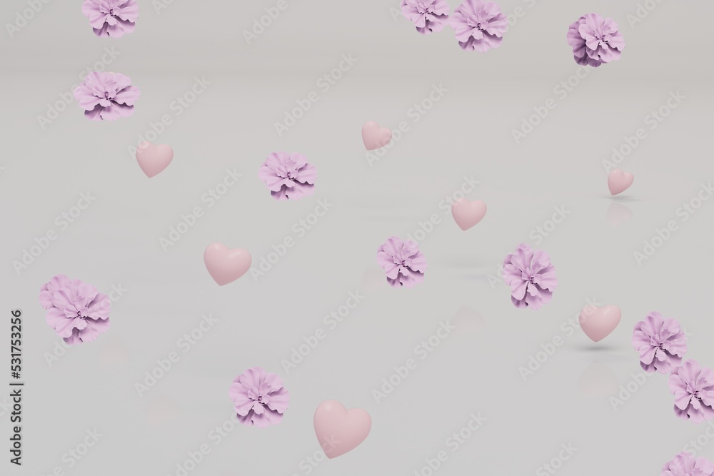 abstract background consisting of patterns of purple flowers and pink hearts on a pastel background. 3d render abstract background consisting of patterns of purple flowers and pink hearts on a pastel background. 3d render