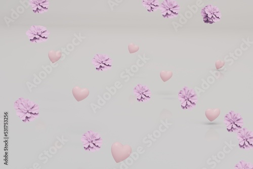 abstract background consisting of patterns of purple flowers and pink hearts on a pastel background. 3d render