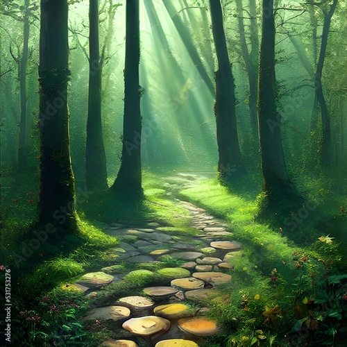 Pathway through a fantasy forest with rays of sunlight shining down. 