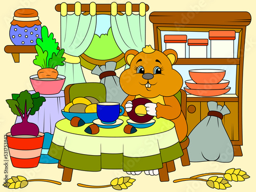 Cheerful hamster eats in the kitchen, home interior. Children color.