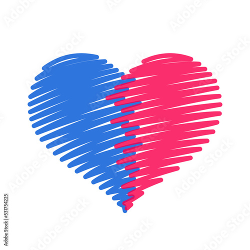 Colorful hand drawn heart symbol in blue and pink colors