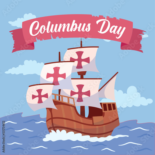 Wooden caravel on a colored columbus day template Vector