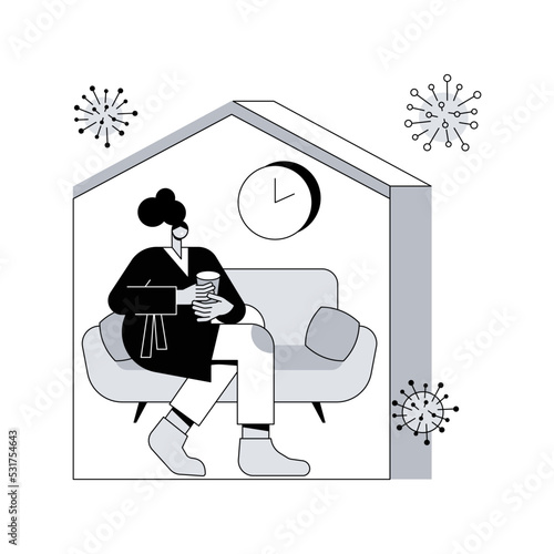 Stay at home abstract concept vector illustration. Forced isolation, covid19 outbreak prevention measures, social distance, governmental support, self protection, wear mask abstract metaphor.