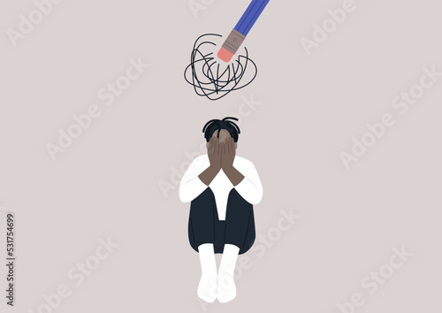 A young upset male African character hugging their knees, a pencil eraser erasing a scribble hovering above them, the process of recovering after a great loss